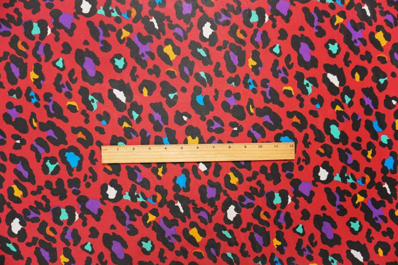 Red-Black-Multi Poly Leopard Printed Chiffon Woven Fabric