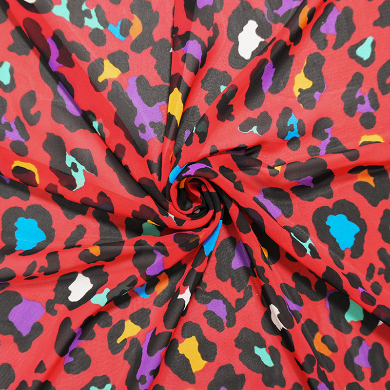 Red-Black-Multi Poly Leopard Printed Chiffon Woven Fabric