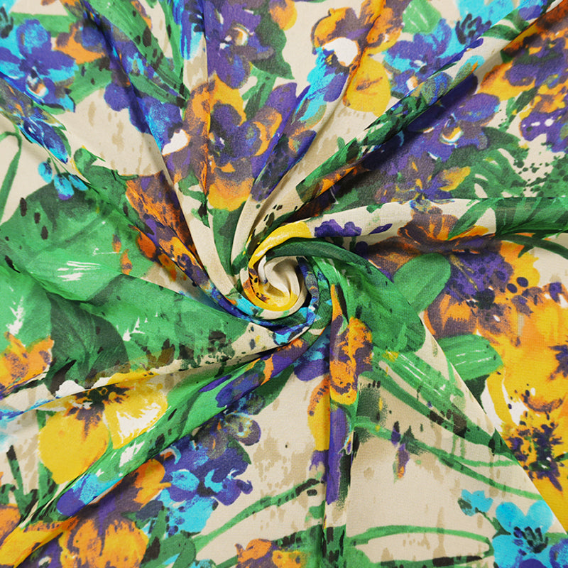 Yellow-Green-Beige Poly Floral Printed Chiffon Woven Fabric