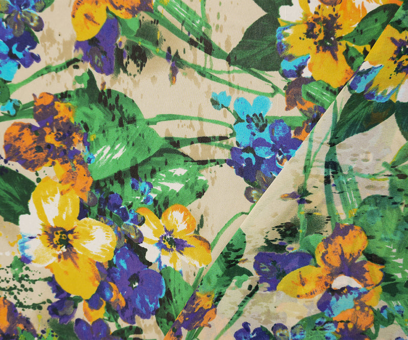 Yellow-Green-Beige Poly Floral Printed Chiffon Woven Fabric