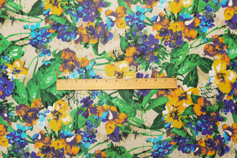 Yellow-Green-Beige Poly Floral Printed Chiffon Woven Fabric