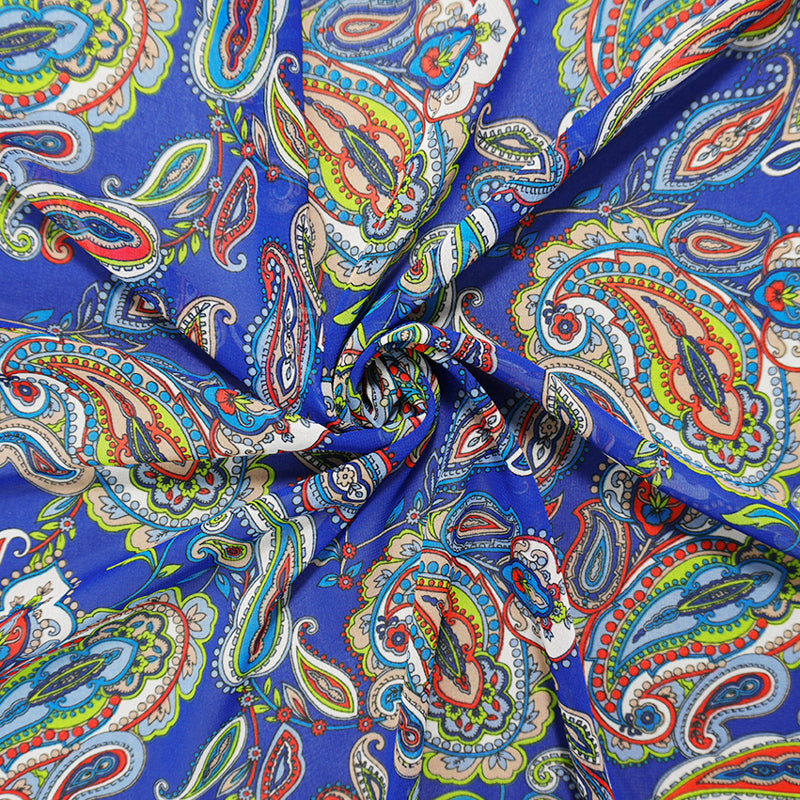 Blue-Yellow-Multi Poly Paisley Printed Chiffon Woven Fabric