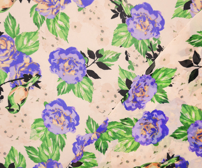 Peach-Purple-Green Poly Floral Printed Chiffon Woven Fabric