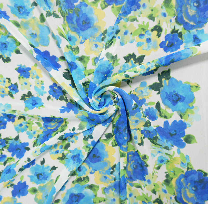 Blue-Green-Multi Poly Floral Printed Chiffon Woven Fabric
