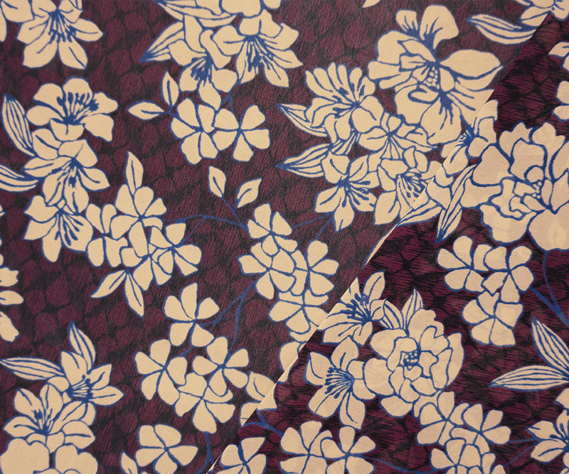 Deep Red-Beige-Multi Poly Floral Printed Chiffon Woven Fabric