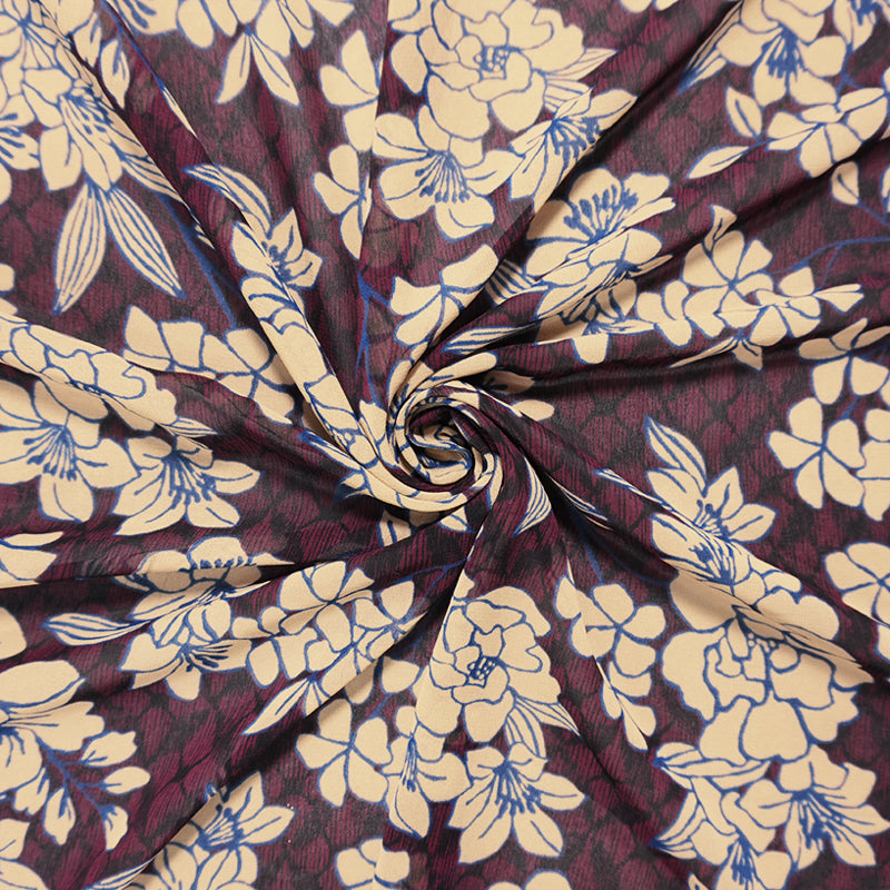 Deep Red-Beige-Multi Poly Floral Printed Chiffon Woven Fabric