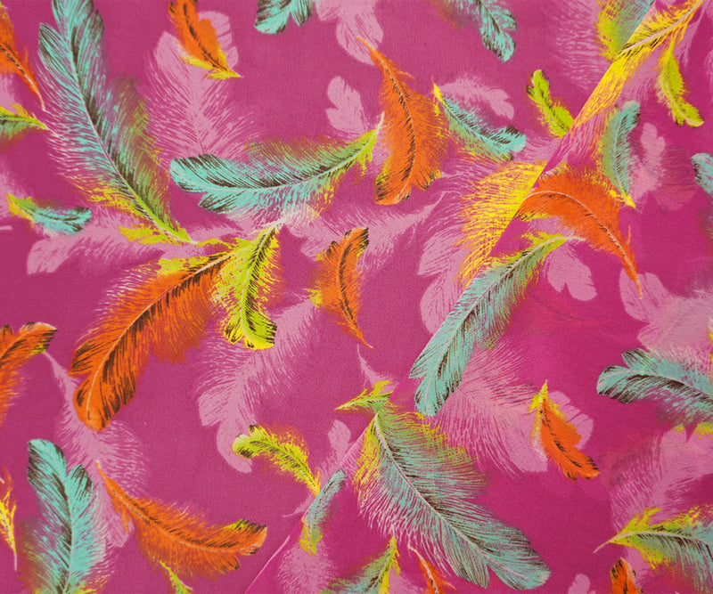 Pink-Orange Poly Feather Printed Chiffon Woven Fabric