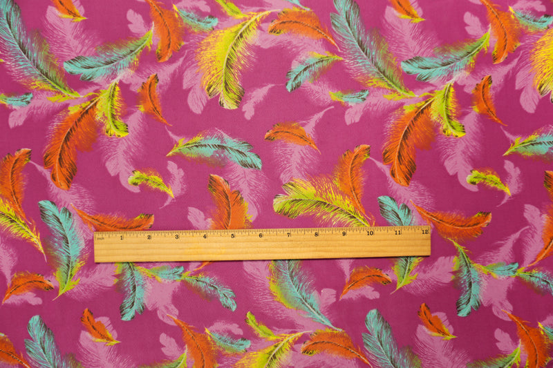 Pink-Orange Poly Feather Printed Chiffon Woven Fabric