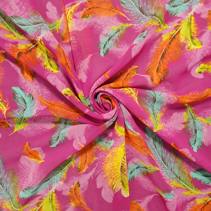 Pink-Orange Poly Feather Printed Chiffon Woven Fabric