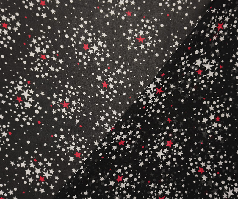 Black-White-Red Poly Star Printed Chiffon Woven Fabric