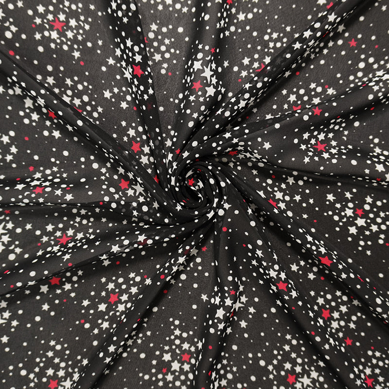 Black-White-Red Poly Star Printed Chiffon Woven Fabric