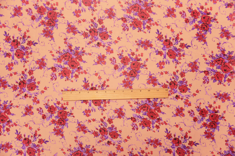 Peach-Purple-Red Poly Floral Printed Chiffon Woven Fabric
