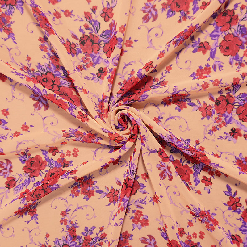 Peach-Purple-Red Poly Floral Printed Chiffon Woven Fabric