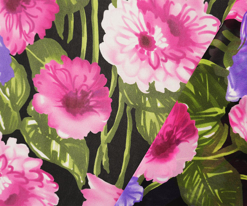Pink-Purple-Green Poly Floral Printed Chiffon Woven Fabric