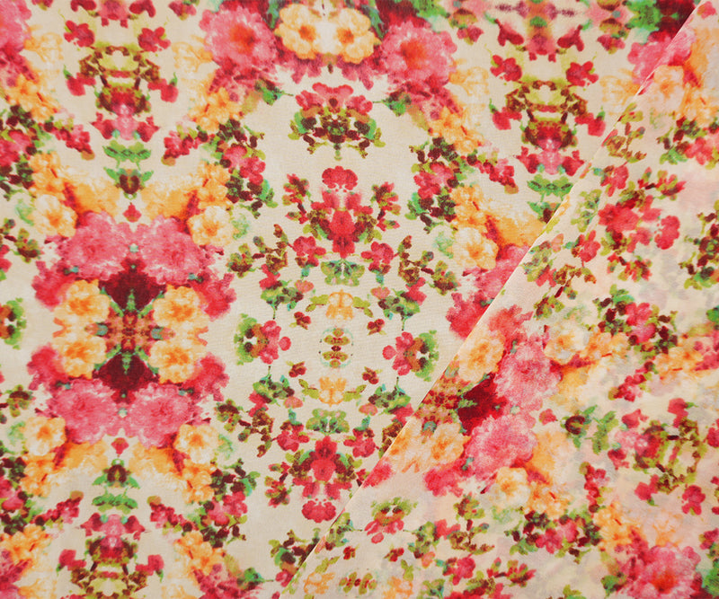 Beige-Red-Pink Poly Floral Printed Chiffon Woven Fabric