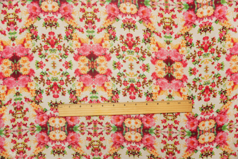 Beige-Red-Pink Poly Floral Printed Chiffon Woven Fabric