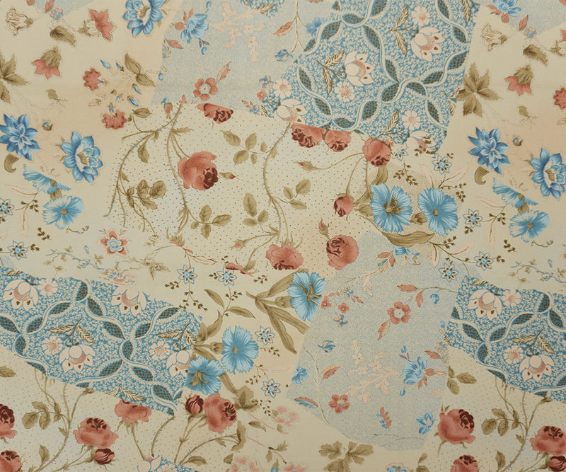 Blue-Beige-Multi Poly Floral And Dot Printed Chiffon Woven Fabric