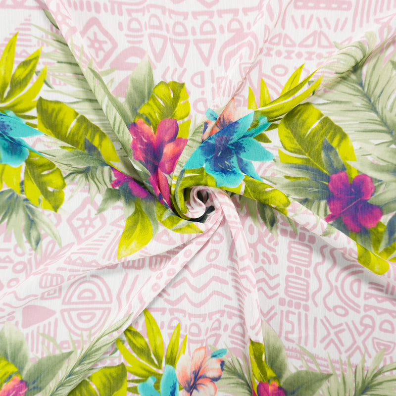 Pink Poly Floral Aztec Print Crinkled Yoryu Chiffon Woven Fabric