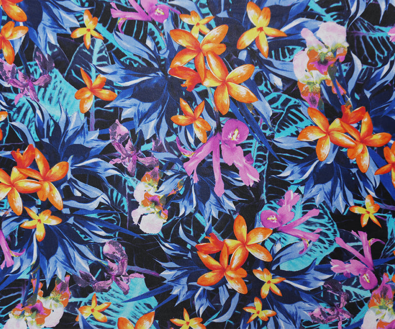 Black-Blue-Orange Poly Floral Printed Chiffon Woven Fabric