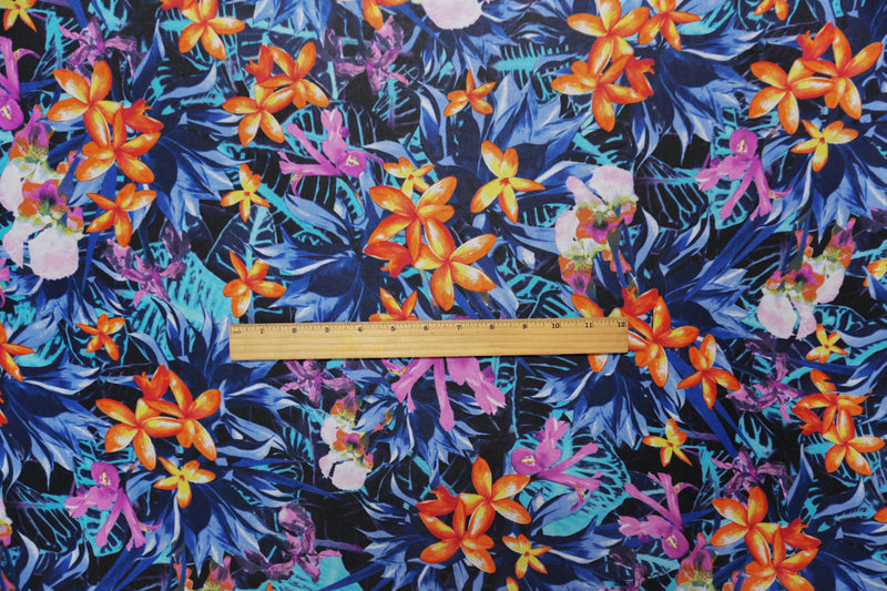 Black-Blue-Orange Poly Floral Printed Chiffon Woven Fabric