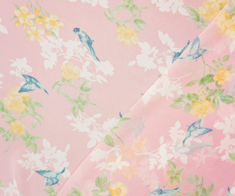 Pink-Yellow-Blue Poly Floral And Bird Print Chiffon Woven Fabric