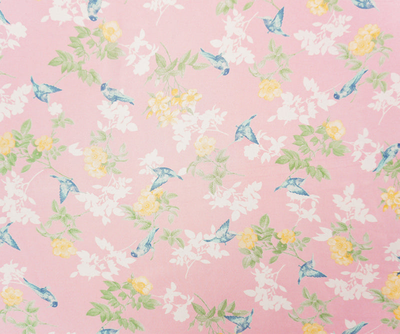 Pink-Yellow-Blue Poly Floral And Bird Print Chiffon Woven Fabric