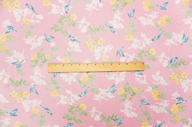 Pink-Yellow-Blue Poly Floral And Bird Print Chiffon Woven Fabric
