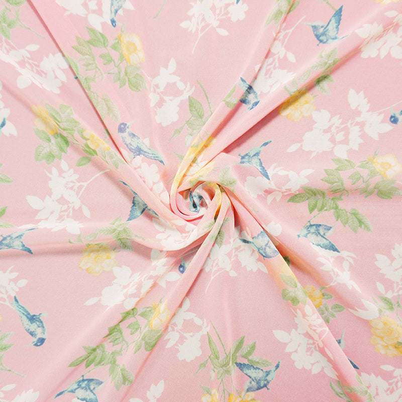 Pink-Yellow-Blue Poly Floral And Bird Print Chiffon Woven Fabric