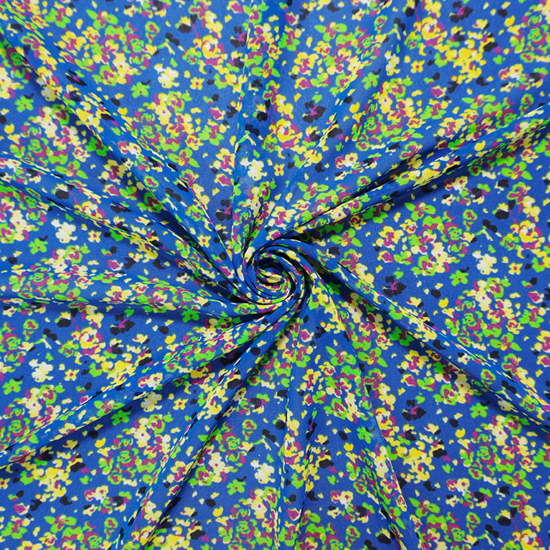Blue-Yellow-Multi Poly Floral Printed Chiffon Woven Fabric
