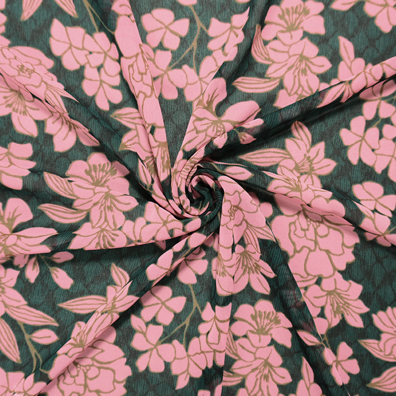 Pink-Green-Multi Poly Floral Printed Chiffon Woven Fabric