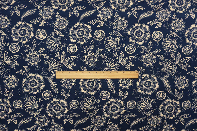 Deep Navy-Beige Poly Moroccan Floral Print ITY Jersey Knit Fabric