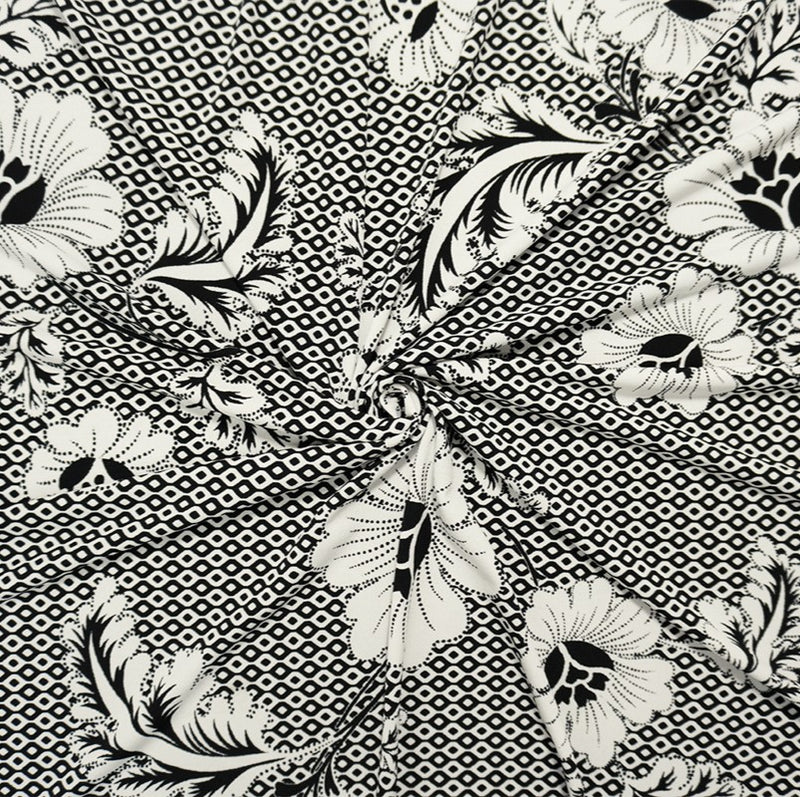 Black-White Poly Floral Geo Printed ITY Jersey Knit Fabric