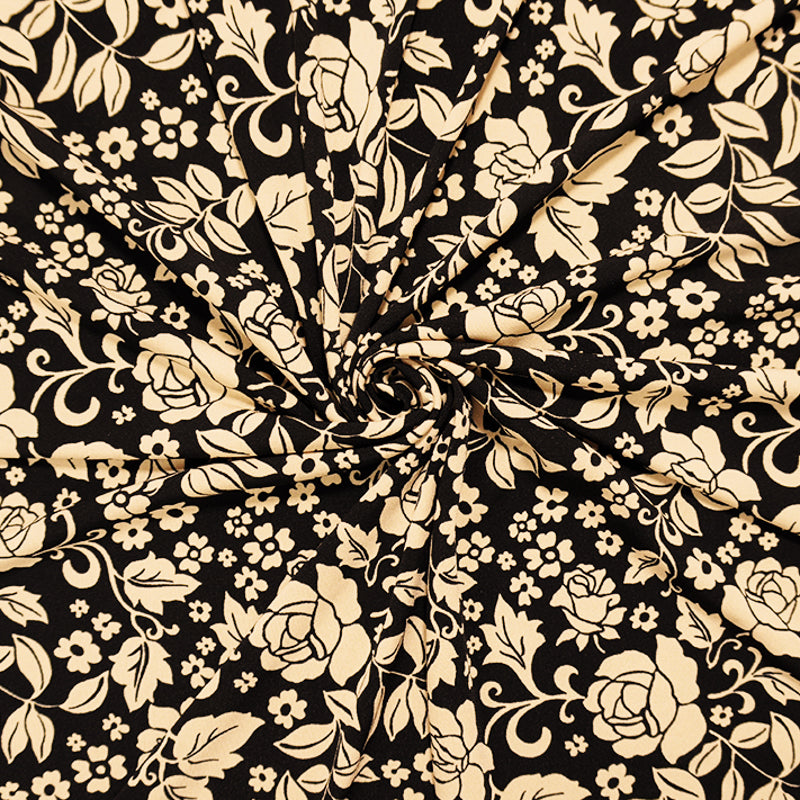 2 3/8 YD PC-Black-Beige Poly Spandex Floral Printed ITY Jersey Knit Fabric