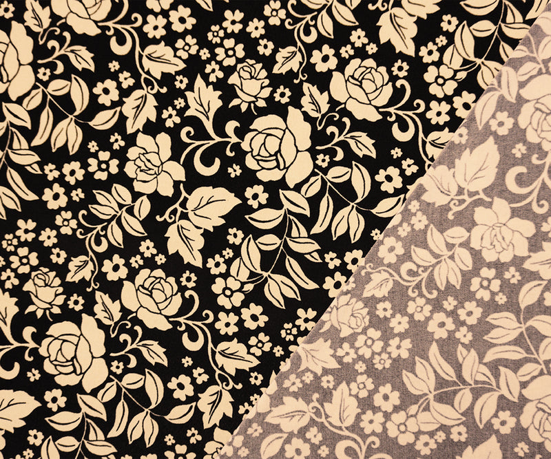 2 3/8 YD PC-Black-Beige Poly Spandex Floral Printed ITY Jersey Knit Fabric