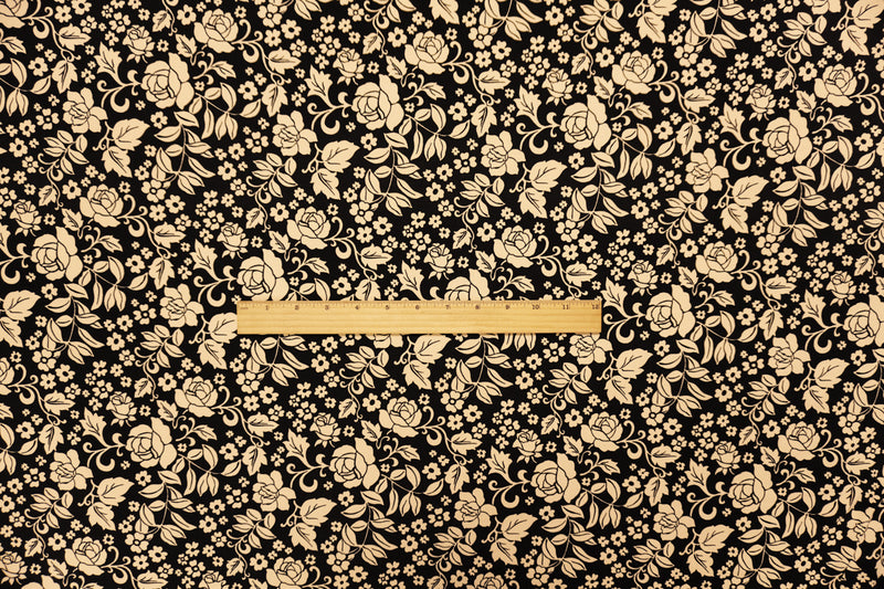 Black-Beige Poly Spandex Floral Printed ITY Jersey Knit Fabric