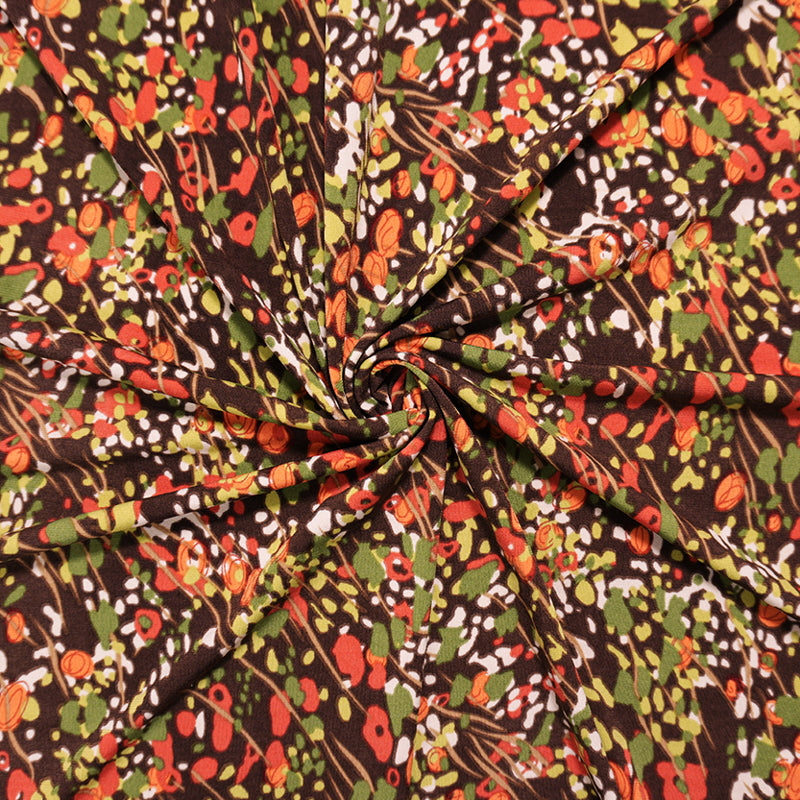Brown-Green Poly Abstract Floral Print ITY Jersey Knit Fabric