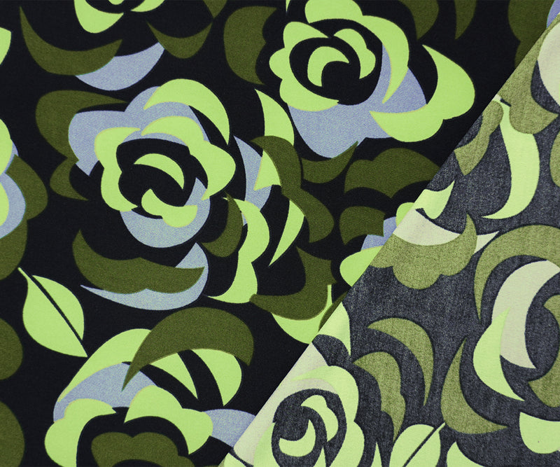 Black-Green-Multi Poly Floral Printed ITY Jersey Knit Fabric
