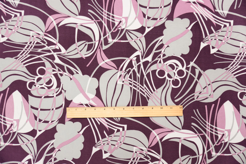 Purple-Multi Poly Abstract Leaves Printed ITY Jersey Knit Fabric