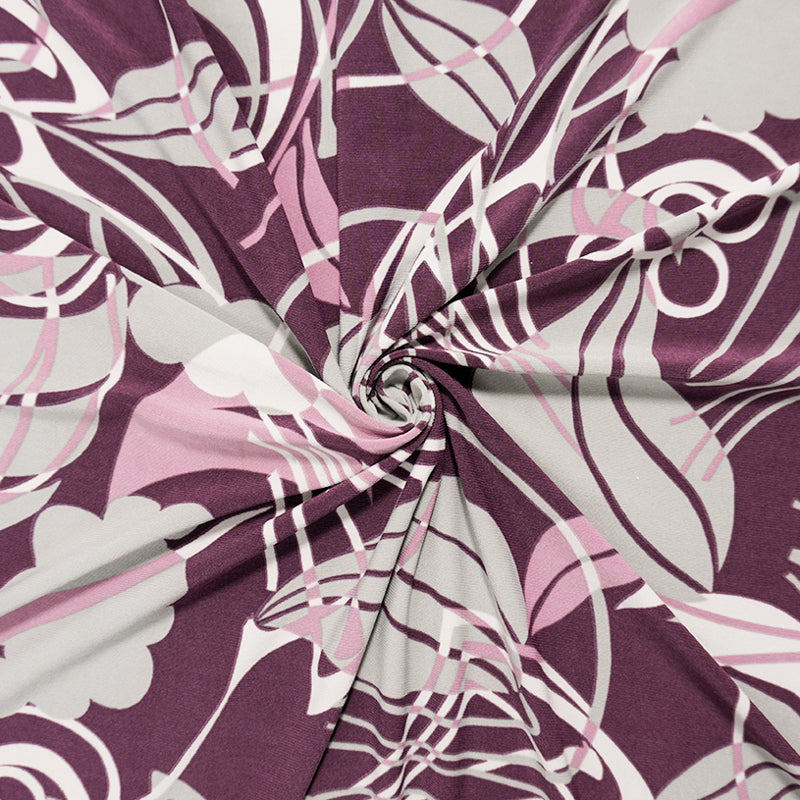 Purple-Multi Poly Abstract Leaves Printed ITY Jersey Knit Fabric
