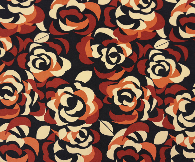 Orange-Black Poly Abstract Floral Printed ITY Jersey Knit Fabric