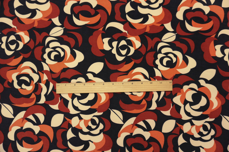 Orange-Black Poly Abstract Floral Printed ITY Jersey Knit Fabric