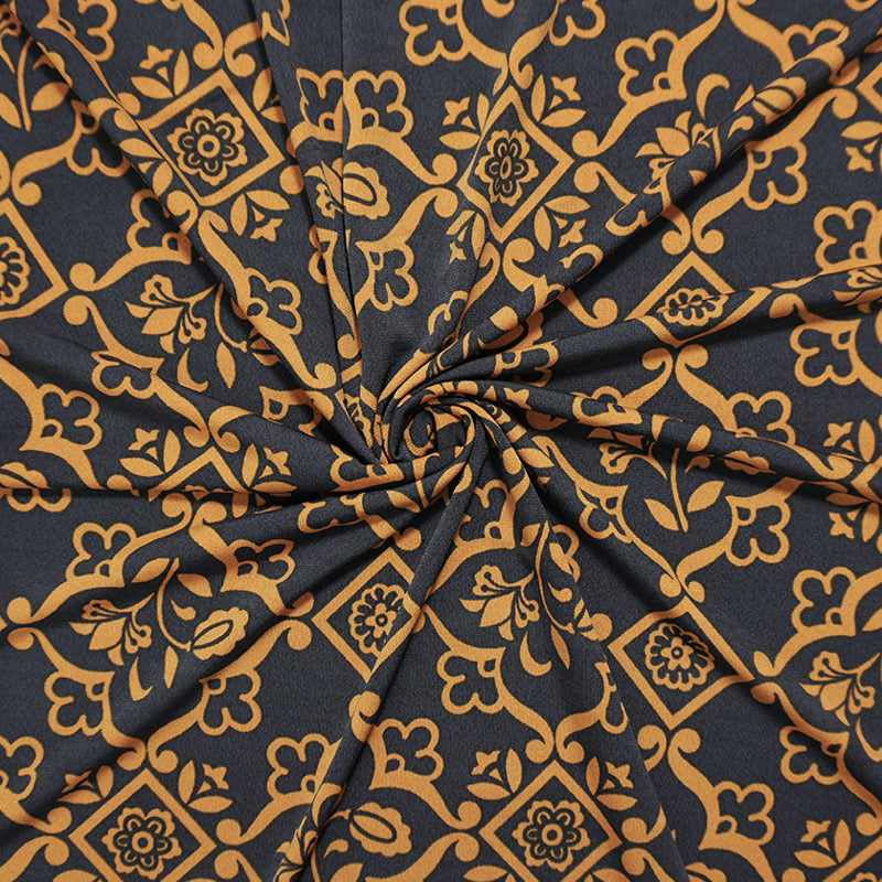 Black-Yellow Poly Moroccan Floral Printed ITY Jersey Knit Fabric