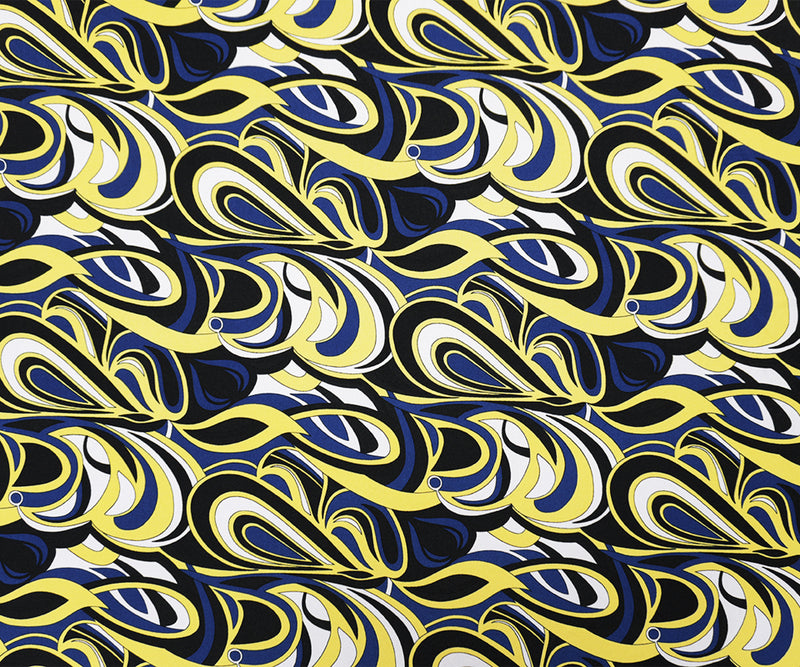 Blue-Yellow Poly Spandex Abstract Swirl Printed ITY Jersey Knit Fabric