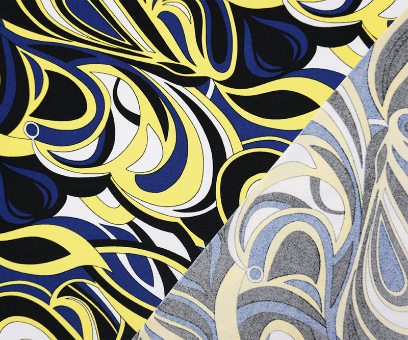 Blue-Yellow Poly Spandex Abstract Swirl Printed ITY Jersey Knit Fabric