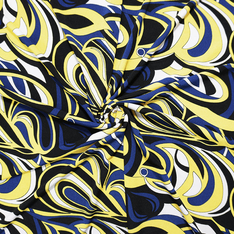 Blue-Yellow Poly Spandex Abstract Swirl Printed ITY Jersey Knit Fabric