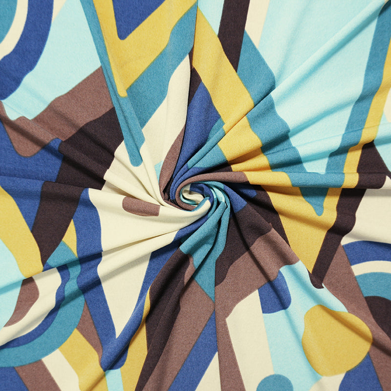 Blue-Brown-Multi Poly Abstract Geo Printed ITY Jersey Knit Fabric