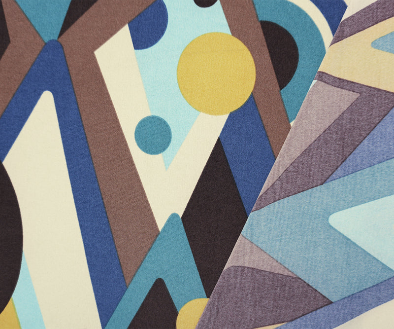 Blue-Brown-Multi Poly Abstract Geo Printed ITY Jersey Knit Fabric