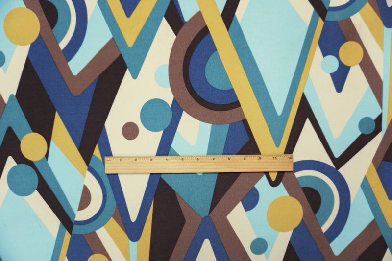 Blue-Brown-Multi Poly Abstract Geo Printed ITY Jersey Knit Fabric