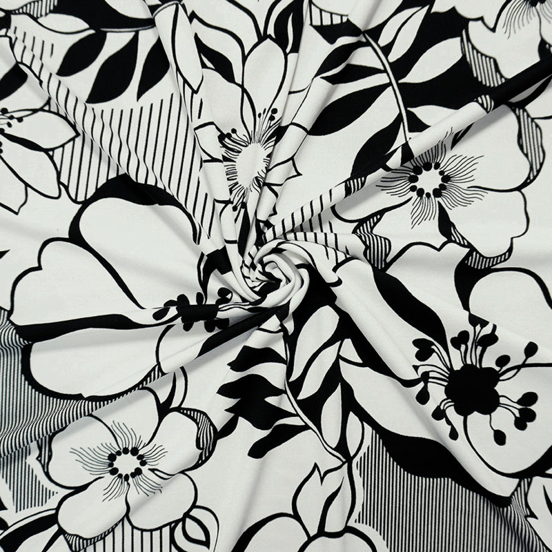 White-Black Poly Spandex Floral Printed ITY Jersey Knit Fabric