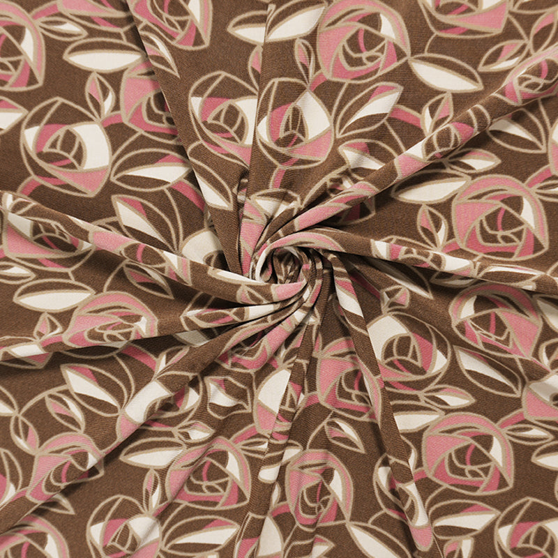 Brown-Pink-Multi Poly Abstract Floral ITY Jersey Knit Fabric